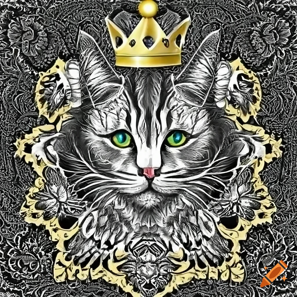 Detailed black and white mandala cat queen
