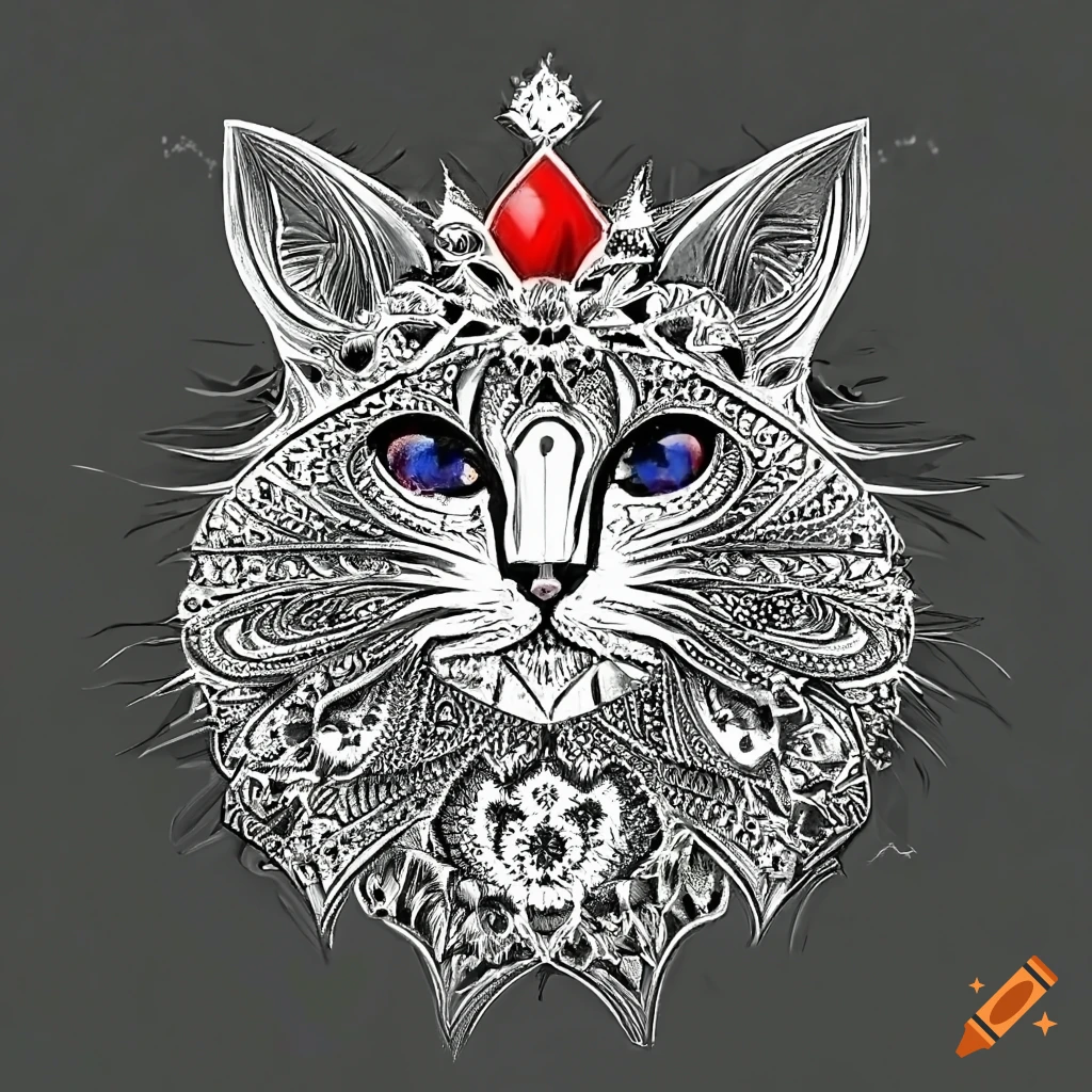 Detailed black and white mandala cat queen
