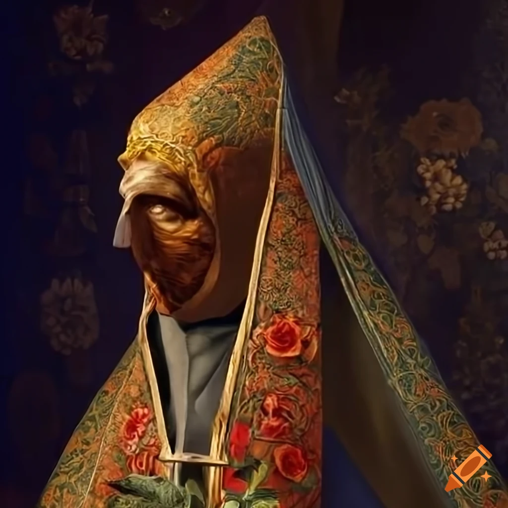 3D illustration of a magical Raven with religious attire in a garden