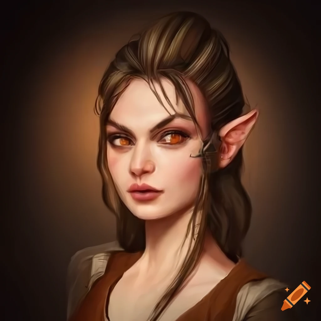 portrait of a smiling half-elf bartender with hazel eyes and brown hair