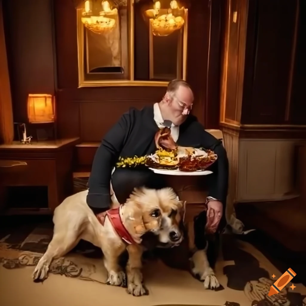 Dogs and their owners dining in a luxurious london restaurant on Craiyon
