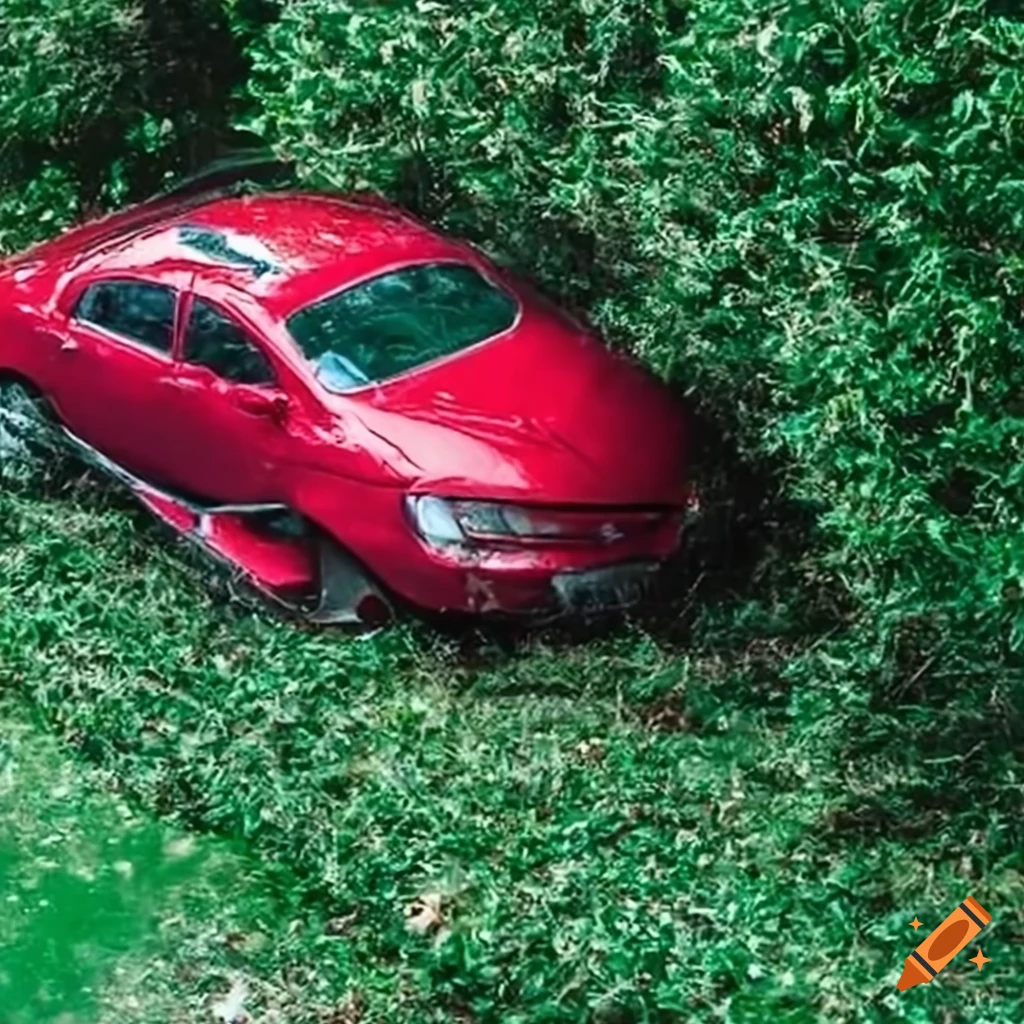 surreal red car crash into a hedge