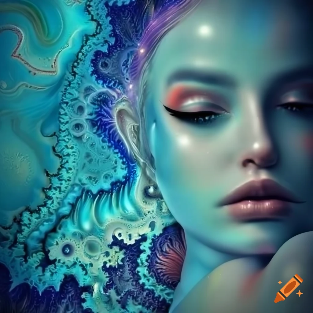 detailed portrait of a blue mermaid in a fractal background
