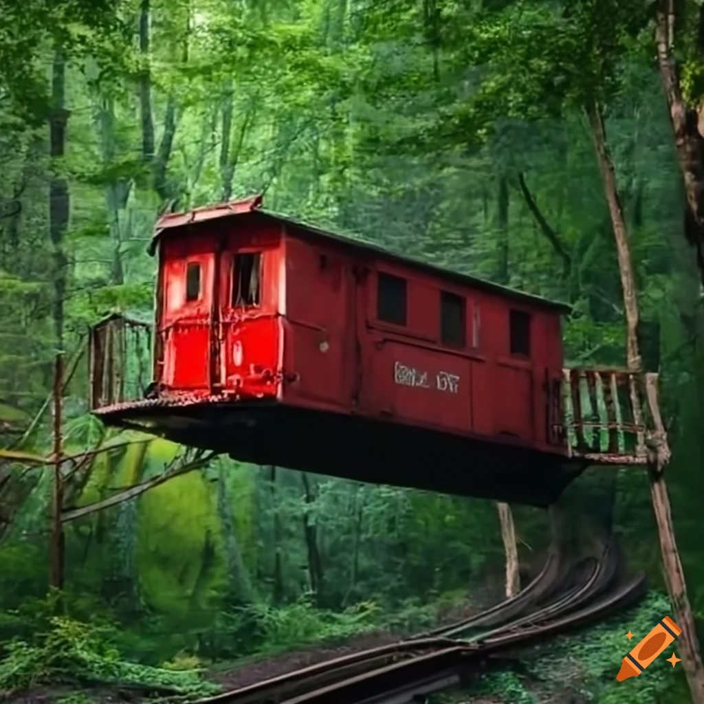 red caboose on suspended tracks in a green forest