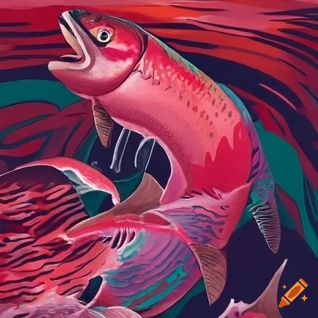 Picassostyle salmon jumping against a waterfall