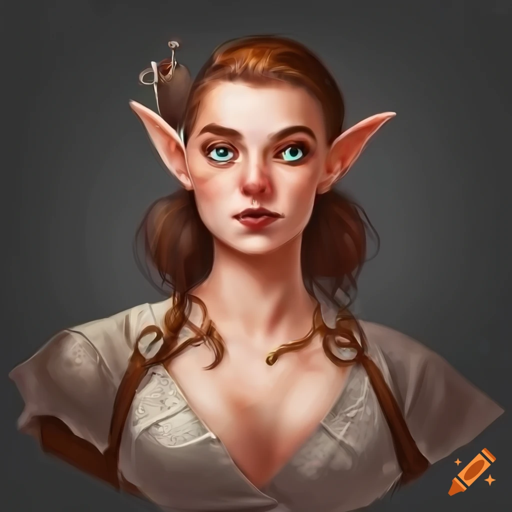 portrait of a smiling female half-elf bartender