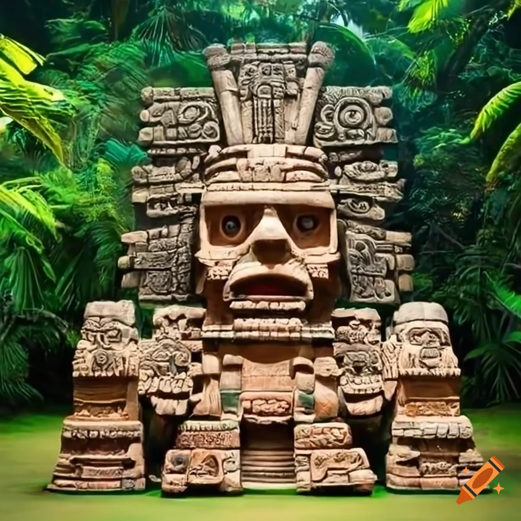 gigantic Aztec statue in a tropical forest
