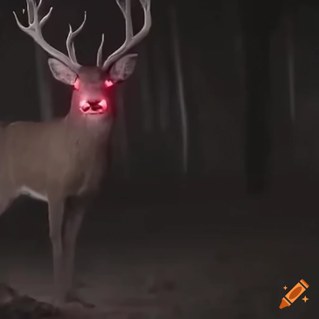 trailcam image of a scary deer with glowing red eyes