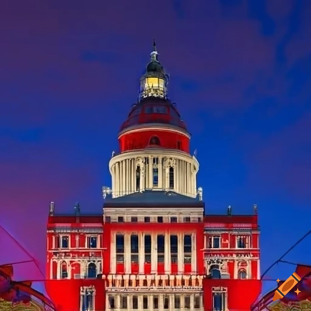 Striking blue and red government building on Craiyon