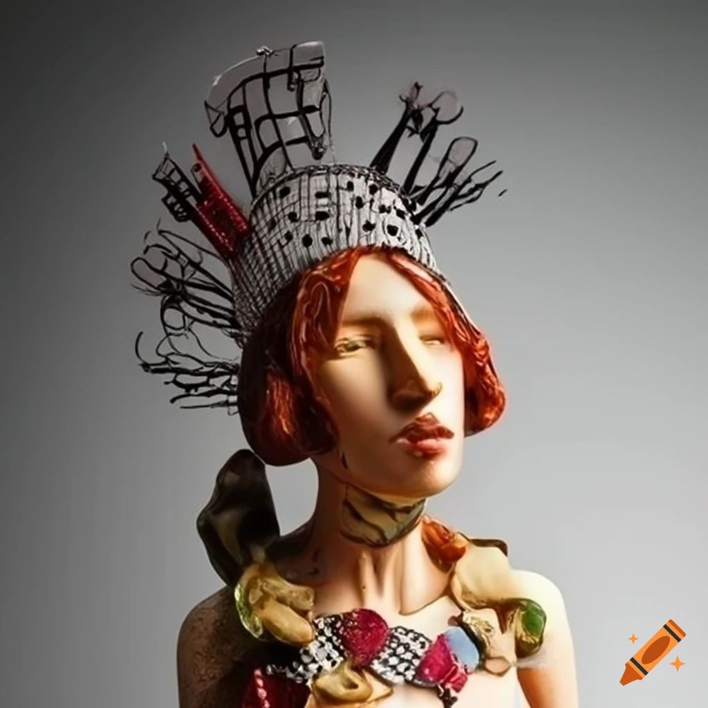 Statue wearing patterned clothes and musicthemed headpiece