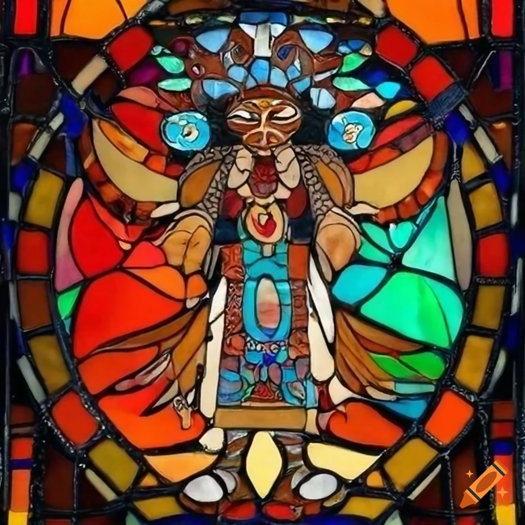 Stained glass panel depicting indigenous gods