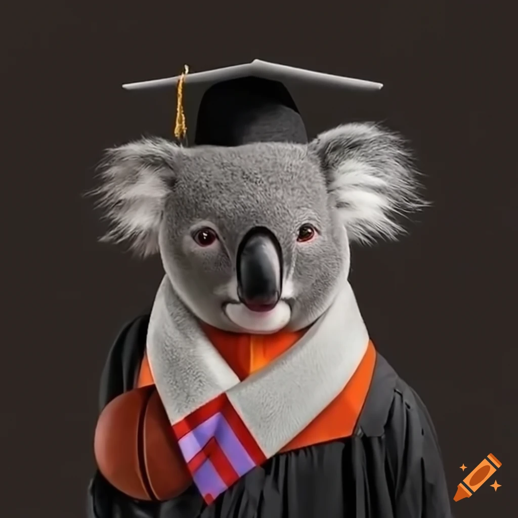 koala dressed in graduation outfit with basketball tie