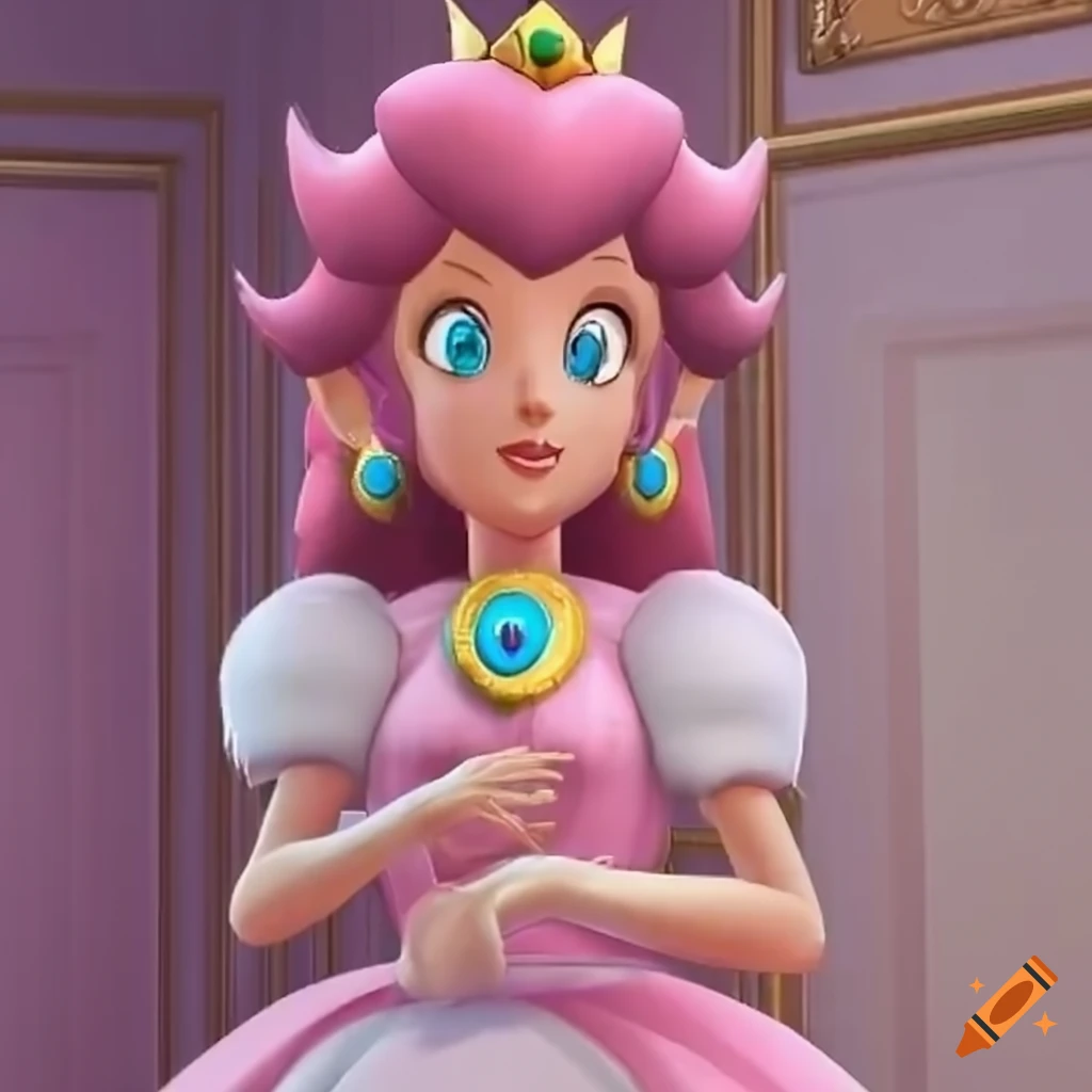 Link wearing princess peach's ballgown in a luxurious dressing room on Craiyon