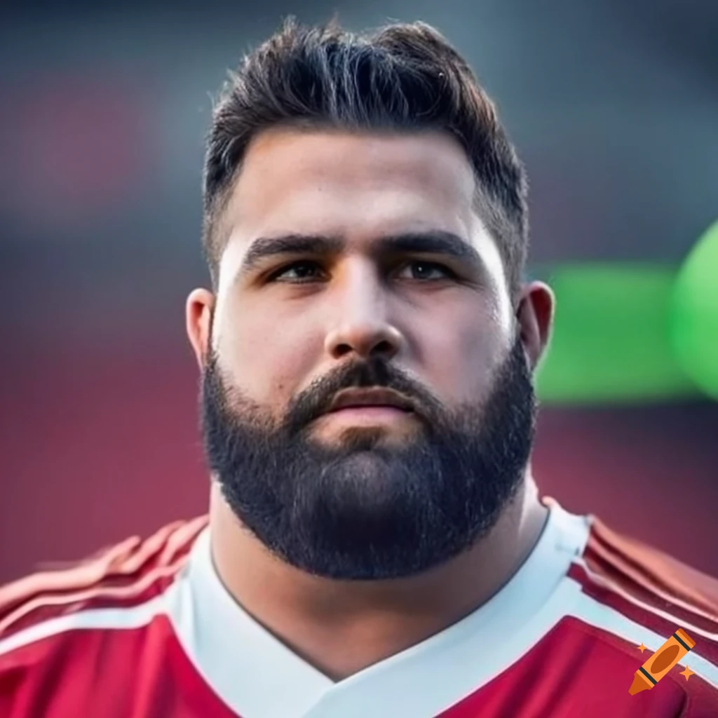 Chubby rugby player with trimmed beard and masculine appearance on Craiyon