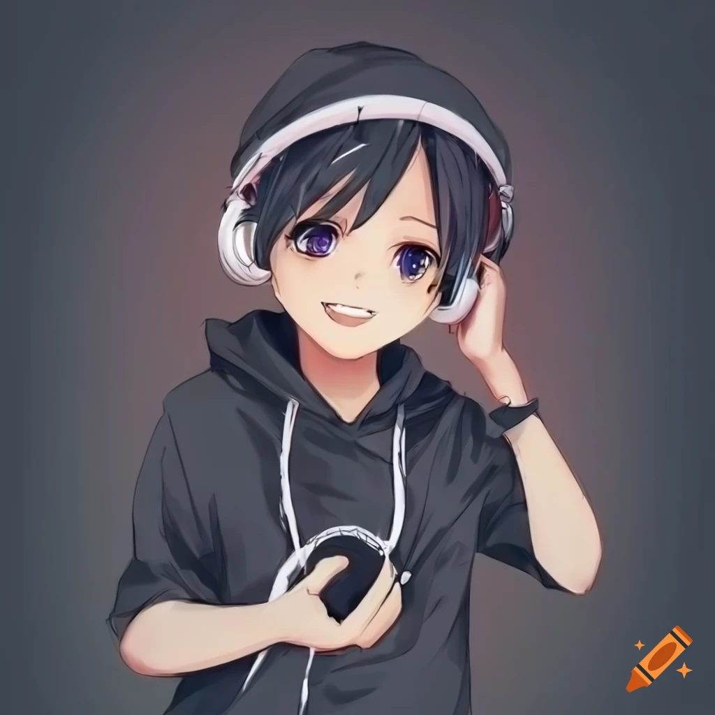 Anime boy headphones black and blue cool on Craiyon