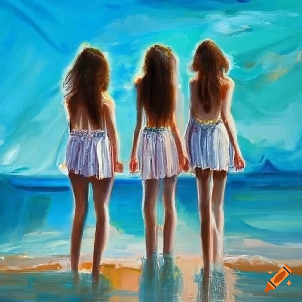 oil painting of three girls at the beach
