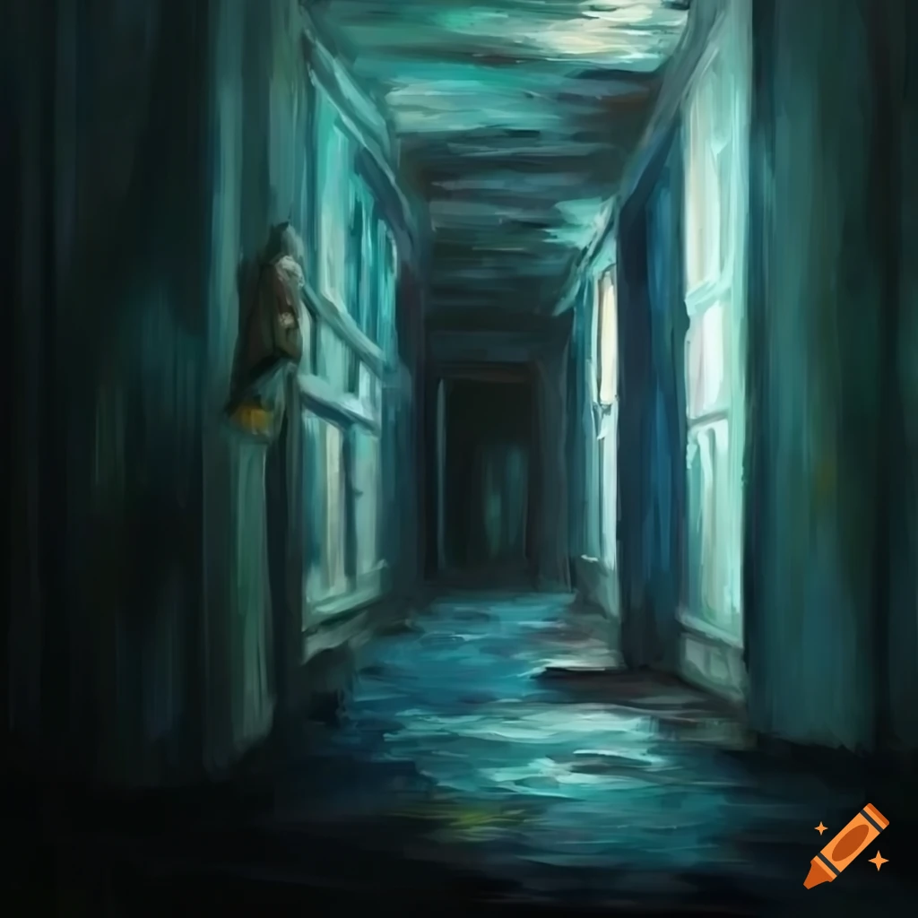 Eerie hallway in a horror game oil painting