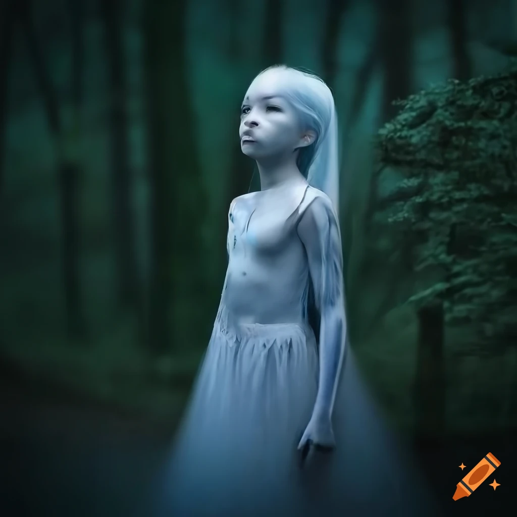Girl covered in white body paint in a dark forest on Craiyon