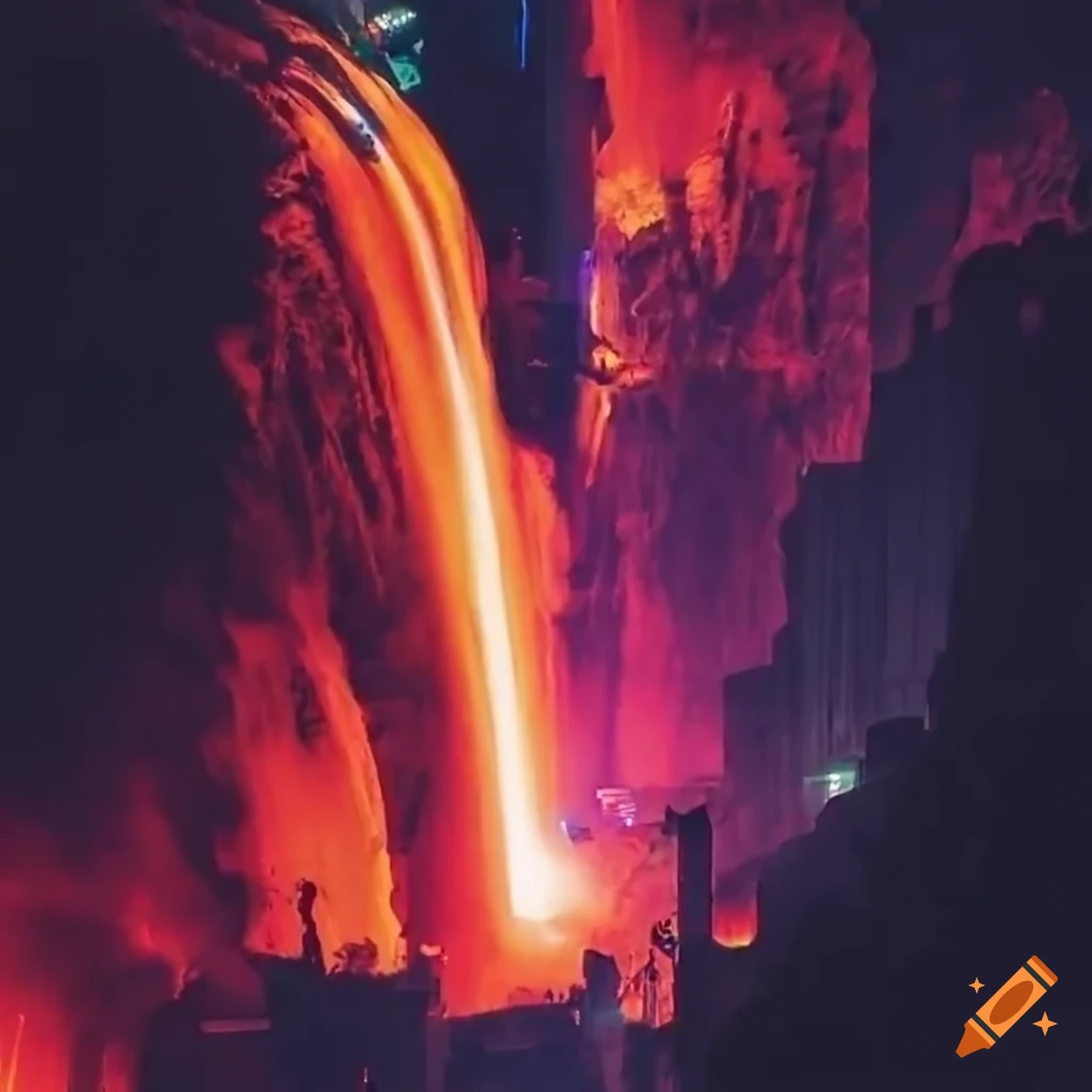 night view of a canyon in Hong Kong with lava falls