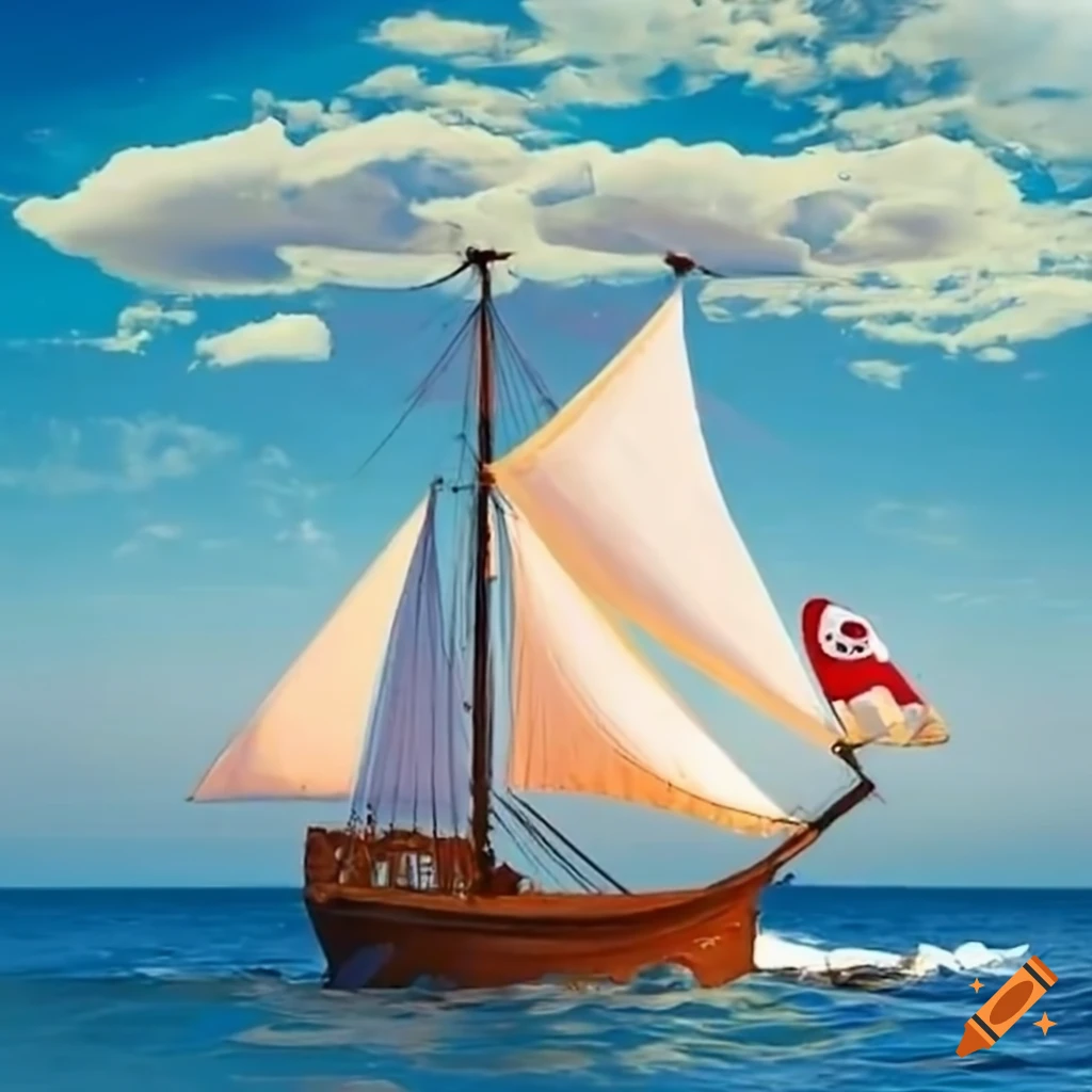 profile of a pirate ship with white sail on sunny beach