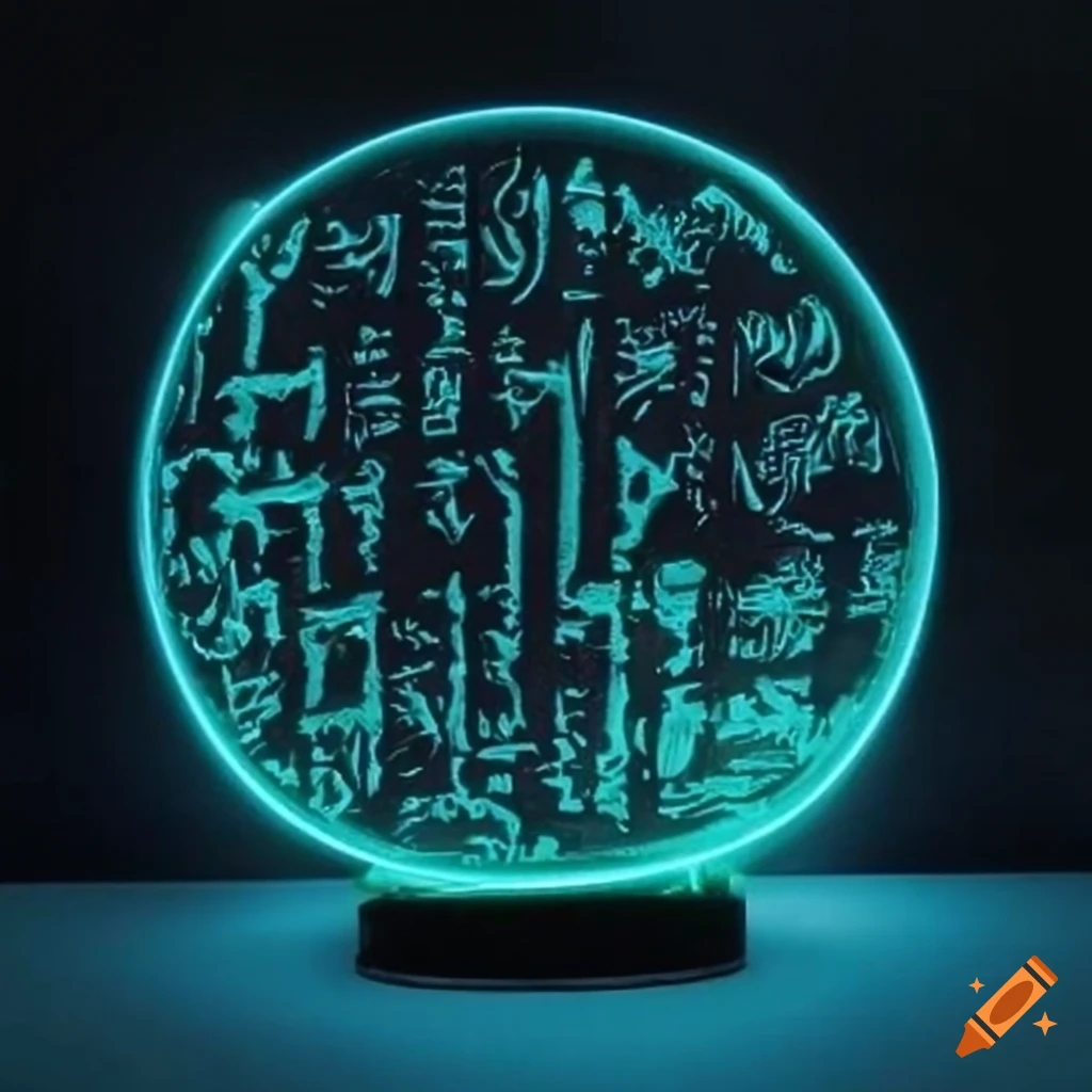 neon glowing hieroglyphics, cuneiform, and Chinese characters