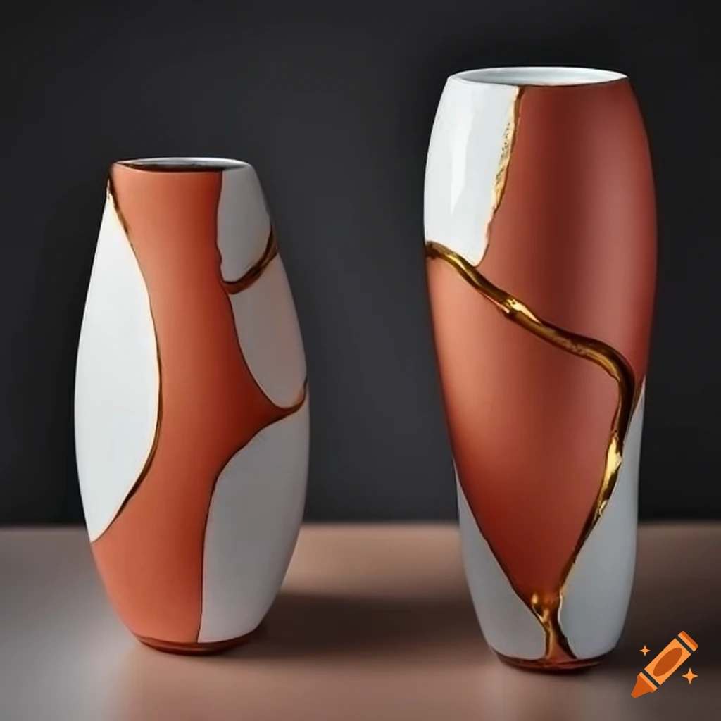 kintsugi vase with coral, white, charcoal, amber, and gold