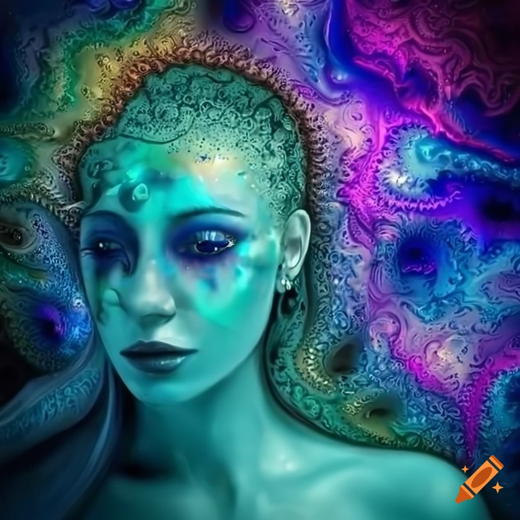 detailed portrait of a blue mermaid in a fractal background