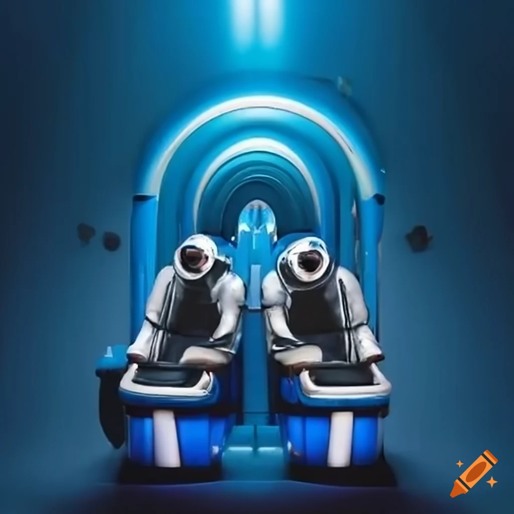 blue and white roller coaster with space-themed seat