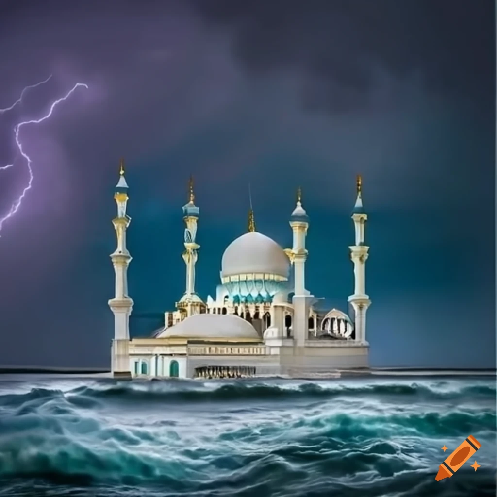 stunning mosque surrounded by ocean waves and thunderstorm
