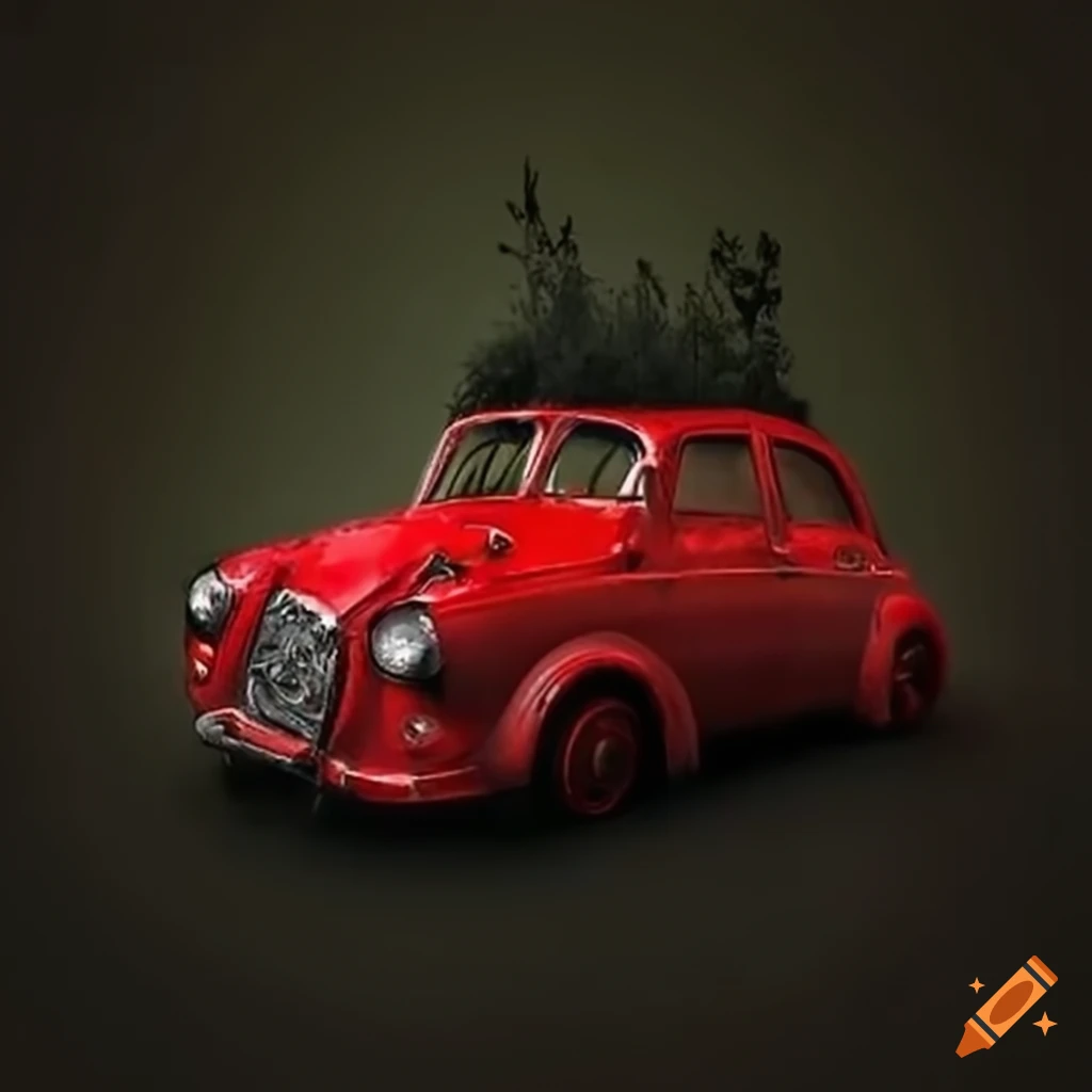 surreal artwork of a red car crashing into a hedge fence