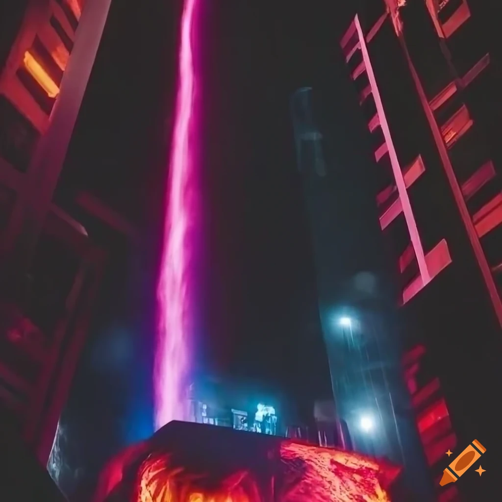 night view of a canyon with architectural structures
