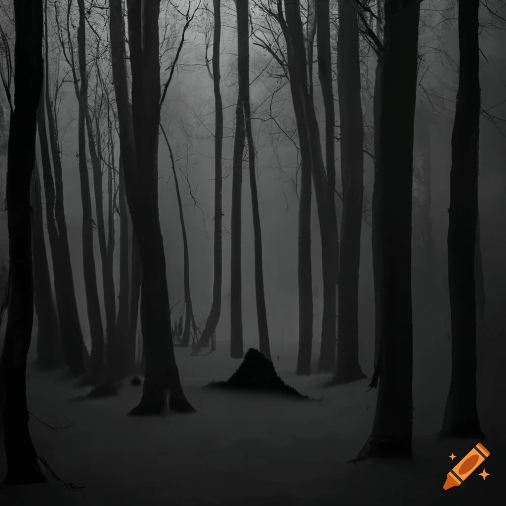 black and white photo of a spectre in a forest