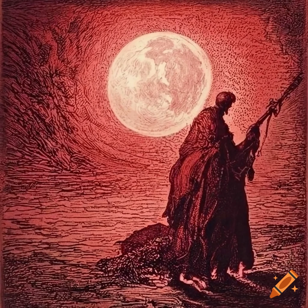 detailed etching of a bloodmoon rising