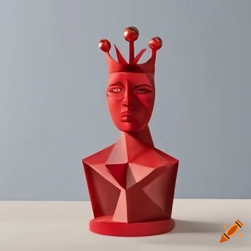 cubist sculpture of The Red Queen with crown