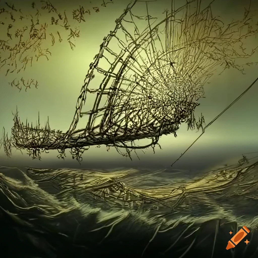 3D gold wireframe artwork by Arthur Rackham, Wifredo Lam, Yves Tanguy, and Mandelbrot
