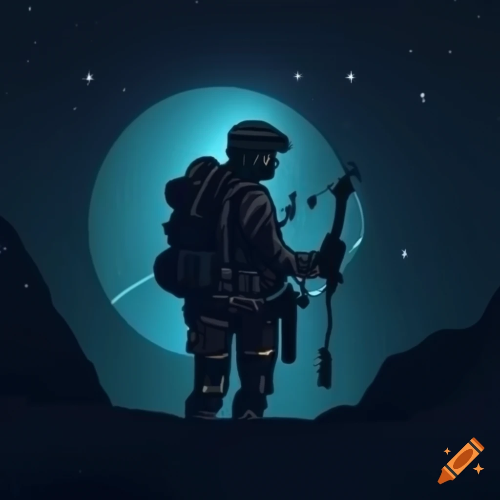 Soldier in gear walking at night in desert with mountains