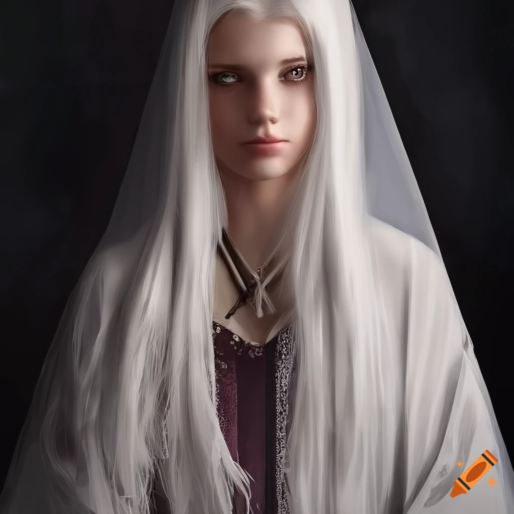 Portrait of a young woman with long white hair in medieval dress on Craiyon