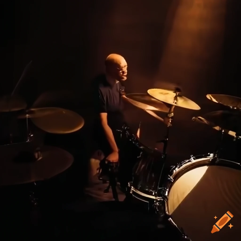 overhead view of a drummer performing with warm lighting