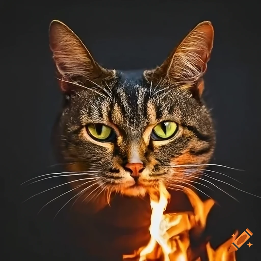 cat face illuminated by a bonfire