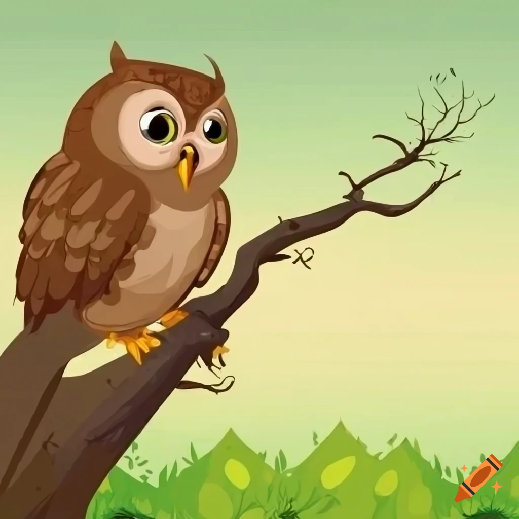 cartoon owl on a tree looking at animals