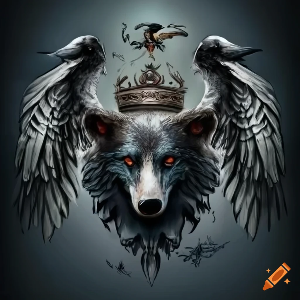 coat of arms with wolf head and raven wings