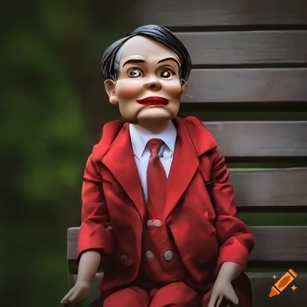 Photorealistic ventriloquist dummy in a red vest