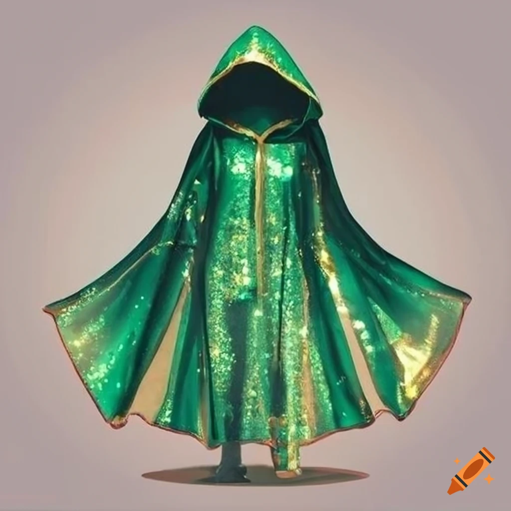 Sparkly green and gold cape with hood on white background