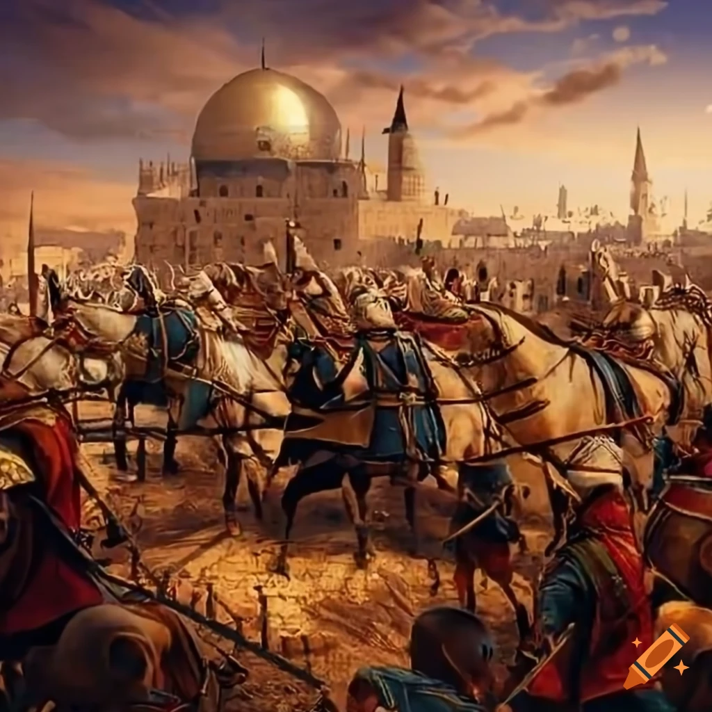Medieval illustration of a muslim army surrounding jerusalem on craiyon