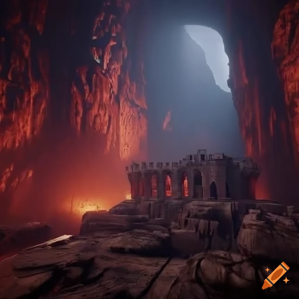 Aerial view of a sci-fi dark castle in a subterranean cave on Craiyon