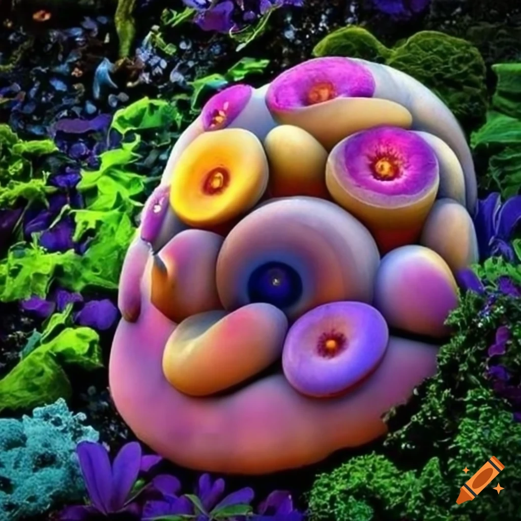 Stone garden bed with unique flowers under a starry sky