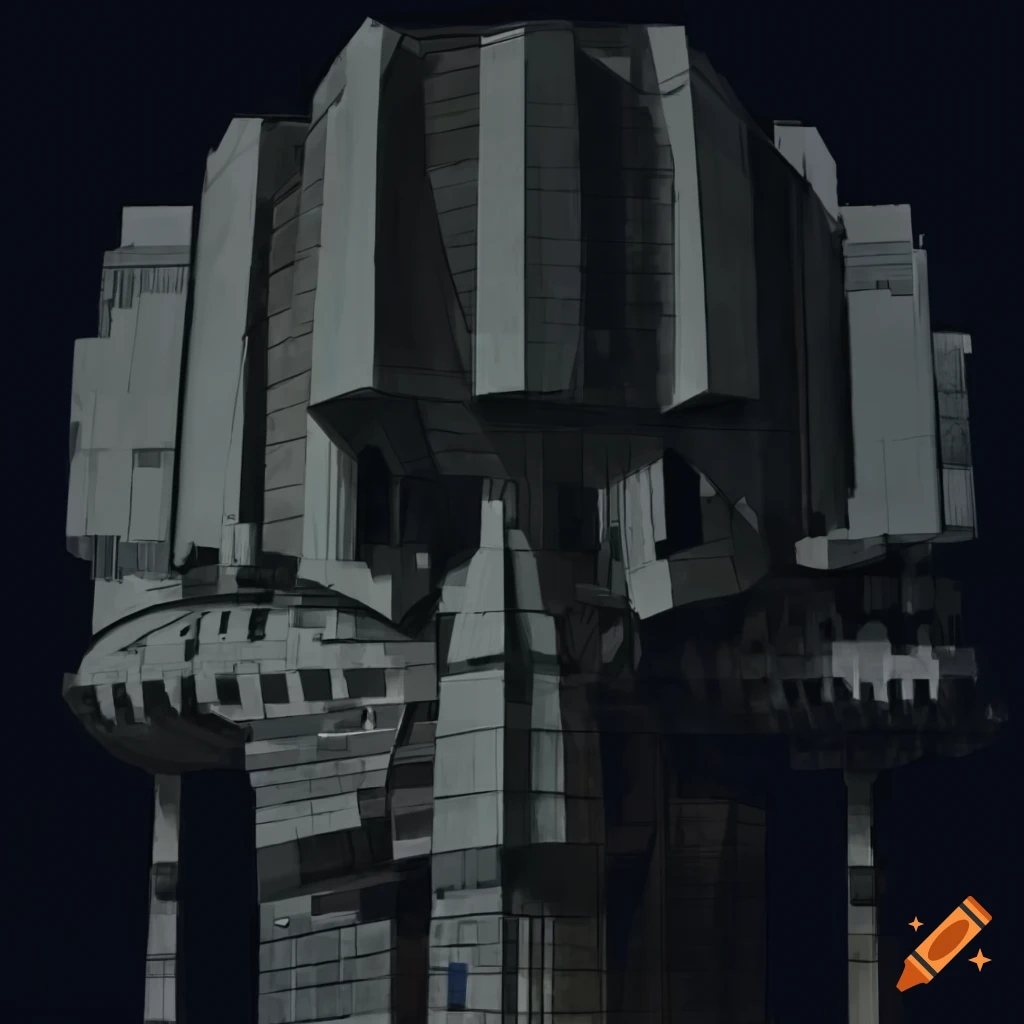 artistic depiction of a brutalistic spaceship