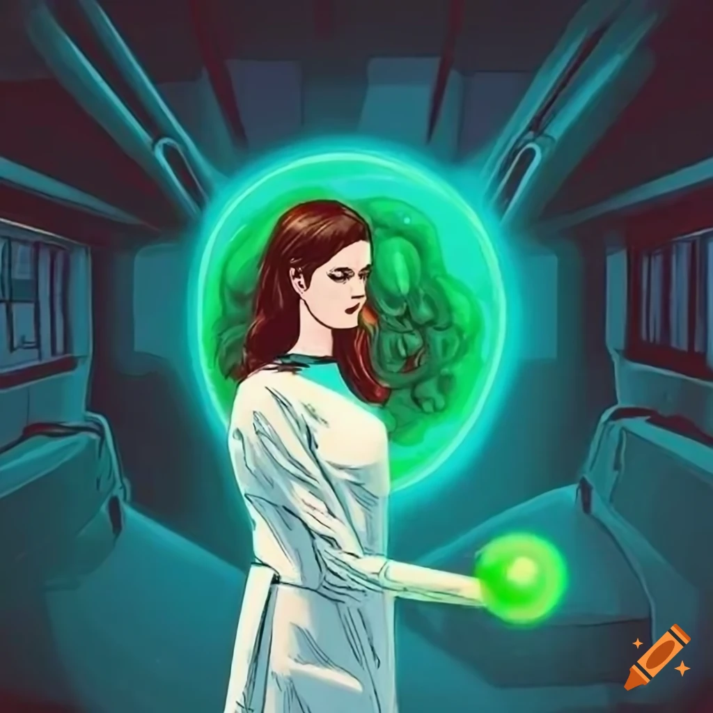 Retro comic book style image of anne hathaway as a doctor in star trek