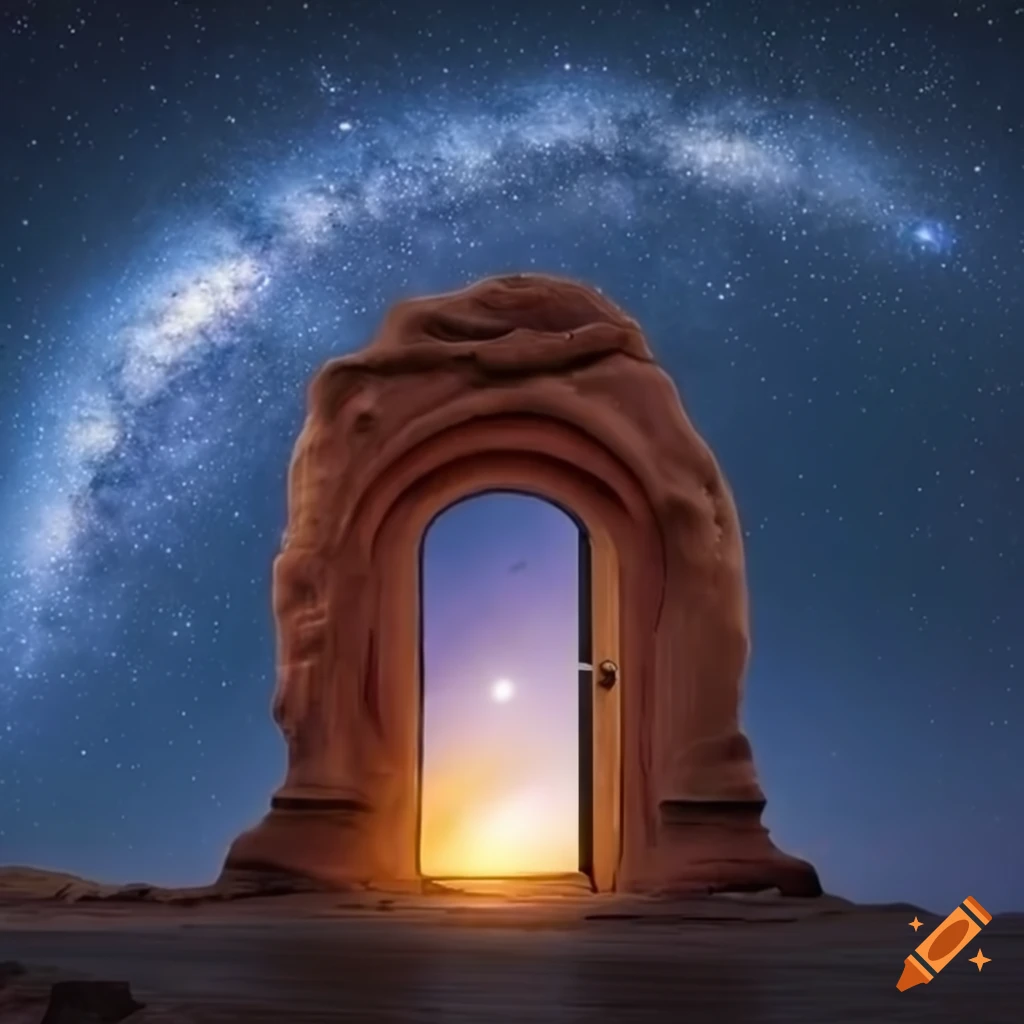 door in a sandstone tree with milky way and planets in the background