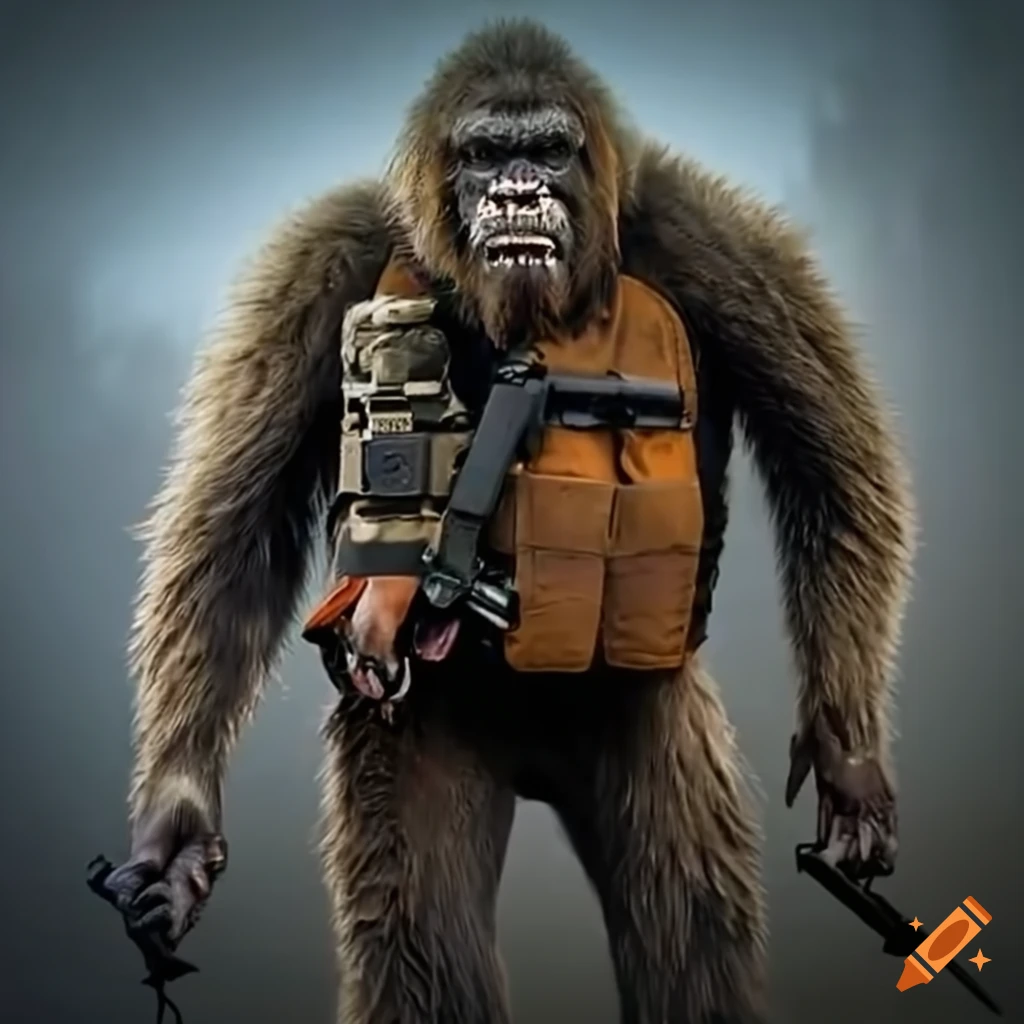 Bigfoot with plate carrier and AK47 on trail camera